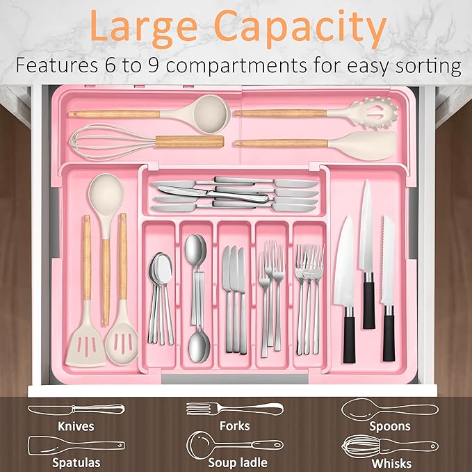 Spaclear Silverware Organizer Expandable Kitchen Utensil Drawer Organizer Large BPA Free Adjustable Cutlery Silverware Tray for Spoons Forks Knives Storage Divider for Kitchen Flatware 6-9 Slots Pink