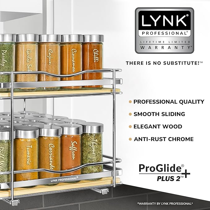 LYNK PROFESSIONAL® Élite™ Pull Out Spice Organization for Cabinets - 10-3/8 inch Wide – Spice Rack for Inside Cabinets – Wood/Chrome - Sliding Spice Rack Organizer for cabinet – Spice Rack - 2 Tier
