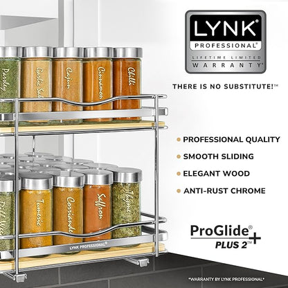 LYNK PROFESSIONAL® Élite™ Pull Out Spice Organization for Cabinets - 10-3/8 inch Wide – Spice Rack for Inside Cabinets – Wood/Chrome - Sliding Spice Rack Organizer for cabinet – Spice Rack - 2 Tier