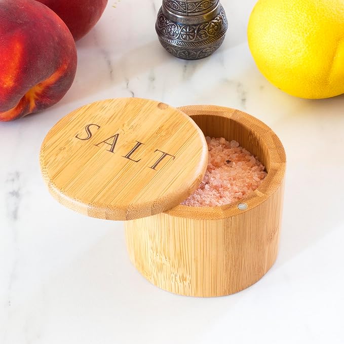 Totally Bamboo Salt Cellar with Swivel Lid - Wooden Salt Container, Bamboo Spice Box for Kitchen Countertop, Engraved Lid with Magnetic Closure, 6 Oz