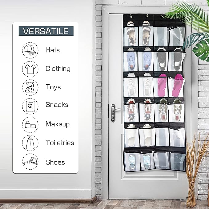 Over the Door Hanging Shoe Organizer with 24 Large Mesh Pockets - Shoes Holder/Black