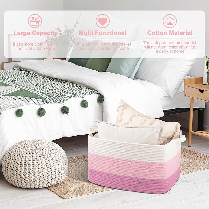 OIAHOMY Large Blanket Basket, 65L Cotton Rope Woven Laundry Basket, Toy Bin for Baby Room, Container for Blanket Storage in Living Room, 20''×16''×12'', Gradient Pink