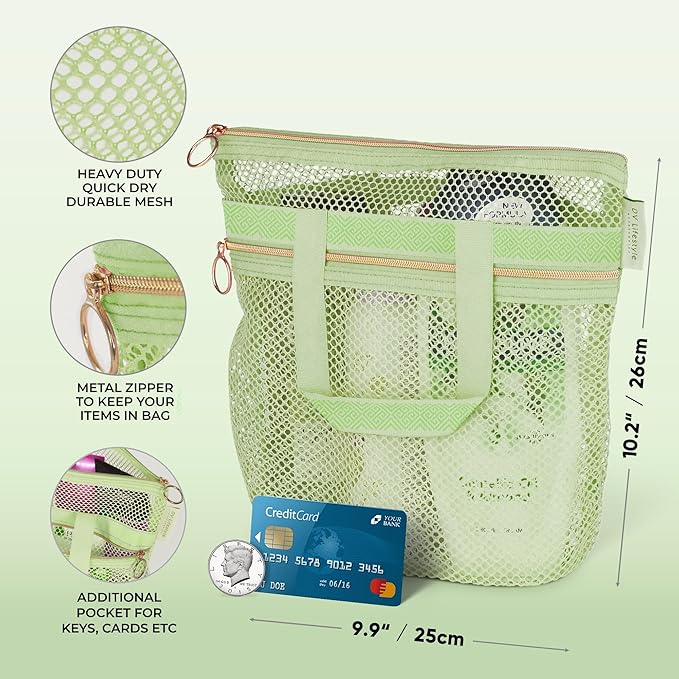 DV Lifestyle Mesh Shower Bag 10.2x9.9'' Quick-Dry Caddy with Zipper & 2 Pockets. Portable Toiletry Tote for Bathroom, Gym, Travel, Camp, Beach, for Sunscreen, Dorm & College Essentials (Light Green)