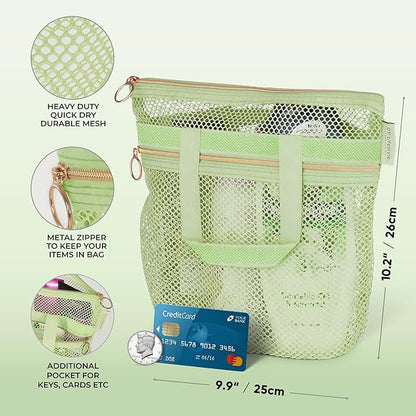 DV Lifestyle Mesh Shower Bag 10.2x9.9'' Quick-Dry Caddy with Zipper & 2 Pockets. Portable Toiletry Tote for Bathroom, Gym, Travel, Camp, Beach, for Sunscreen, Dorm & College Essentials (Light Green)