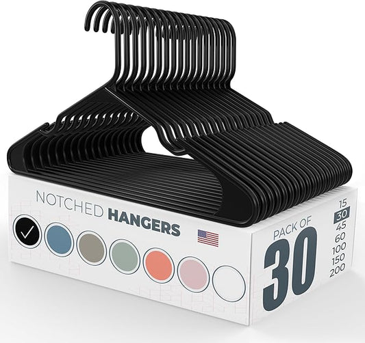 Plastic Hangers 30 Pack – Made in The USA – 6lb Capacity Standard Clothes Hangers with Notches and Reinforced Edges for Dresses, Lingerie, Shirts, Pants, and Jackets – Black
