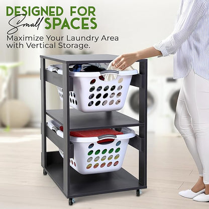 Laundry Basket Holder Shelf (2-Tier) - Stackable Engineered Wood Laundry Tower with Wheels, Tiered Laundry Hamper Organizer for Bathroom, Bedroom