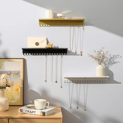 Necklace Holder Wall Hanging Organizer: Wall Mounted Jewelry Shelf with 56 Hooks and Tray, Display Hanger for Kids, Girls and Women, Gold & Metal