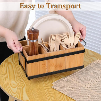 Silverware Caddy Utensil Holder for Party Countertop, Wood Cutlery Flatware Organizer Box Holder Paper Plate Dispenser with 4 Compartments Portable Handle for Spoons Forks Plates Napkins