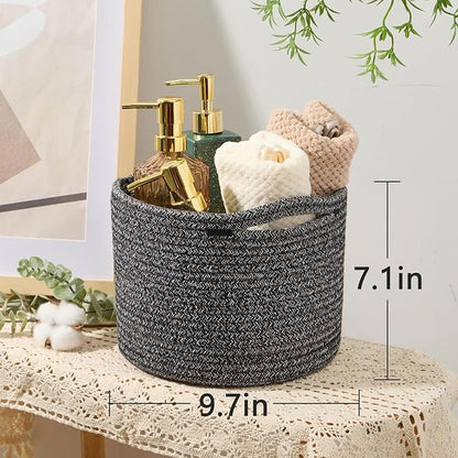MiniArk Small Basket for Organizing | Cube Shelf Closet Storage Baskets | 9.7×9.7×7.1” | Woven Rope Gift Basket | Nursery | Round 3 Packs Dark Gray