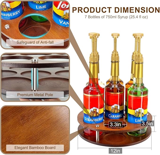 Rotating Coffee Syrup Organizer Rack,Syrup Bottle Stand Holder for Coffee Syrup Station,7 Bottles Storage Display Turntable Tray&Lazy Susan for Syrup,Liquor Wine in Kitchen Countertop