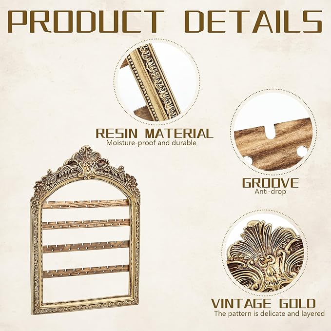 Wall Hanging Earring holder Organizers Vintage Arched Frame 13 x 9.3 Inch 4 Layer Vintage Gold Arched Frame Decorative Earring Organizer Display for Earring Bracelet Necklace Ring Birthday Wedding