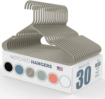 Plastic Hangers 30 Pack – Made in The USA – 6lb Capacity Standard Clothes Hangers with Notches and Reinforced Edges for Dresses, Lingerie, Shirts, Pants, and Jackets – Gray