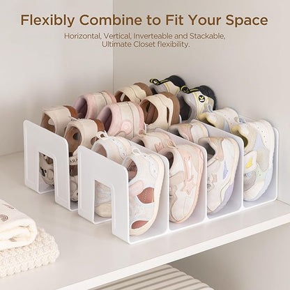 HBlife White Acrylic Kids Shoe Rack for Closet Organizers and Storage, Small Shoe Rack 4 Sections Toddler Baby Shoe Storage Organizer Stackable Shoe Shelf,Desk File Sorter Book Purse Organizer(2 Pack)