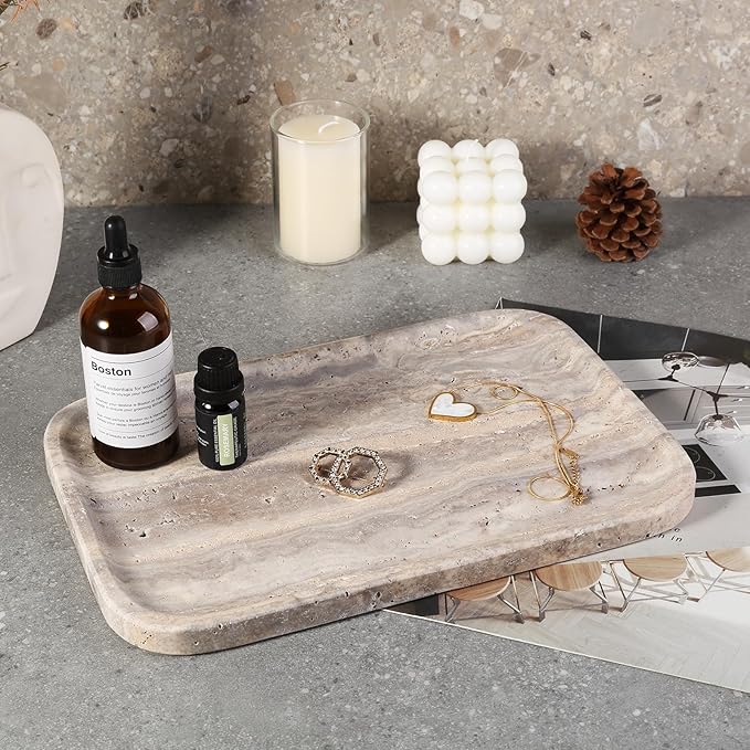 Karibiber Marble Vanity Trays, Travertine Bathroom Tray, Decorative Tray for Dresser Countertop, Grey Stone Serving Holder for Kitchen, Storage Trays for Perfume, Jewelry Candle Organizer
