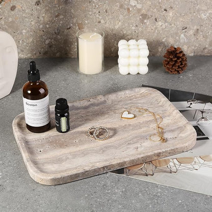 Karibiber Marble Vanity Trays, Travertine Bathroom Tray, Decorative Tray for Dresser Countertop, Grey Stone Serving Holder for Kitchen, Storage Trays for Perfume, Jewelry Candle Organizer