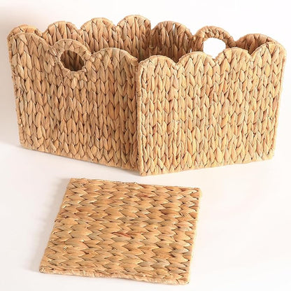 Scalloped Wicker Storage Cubes Basket, 12”x12“ Heavy Duty Paper rope/Hyacinth/Seagrass Baskets for Shelves, Foldable Natural Boho Square Bins (Water Hyacinth&10.5 x 10.5 x 10.5in&4-Pack)