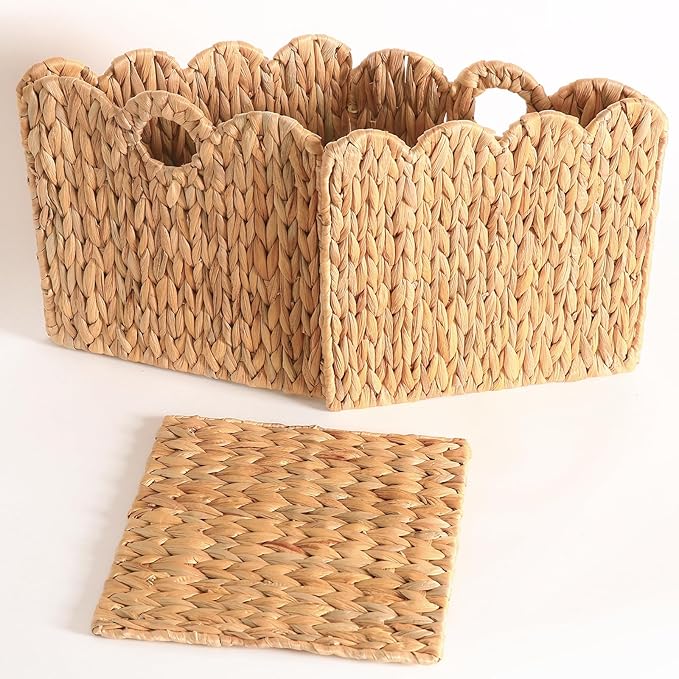 Scalloped Wicker Storage Cubes Basket, 12”x12“ Heavy Duty Paper rope/Hyacinth/Seagrass Baskets for Shelves, Foldable Natural Boho Square Bins (Water Hyacinth&12 x 12 x 12in&4-Pack)