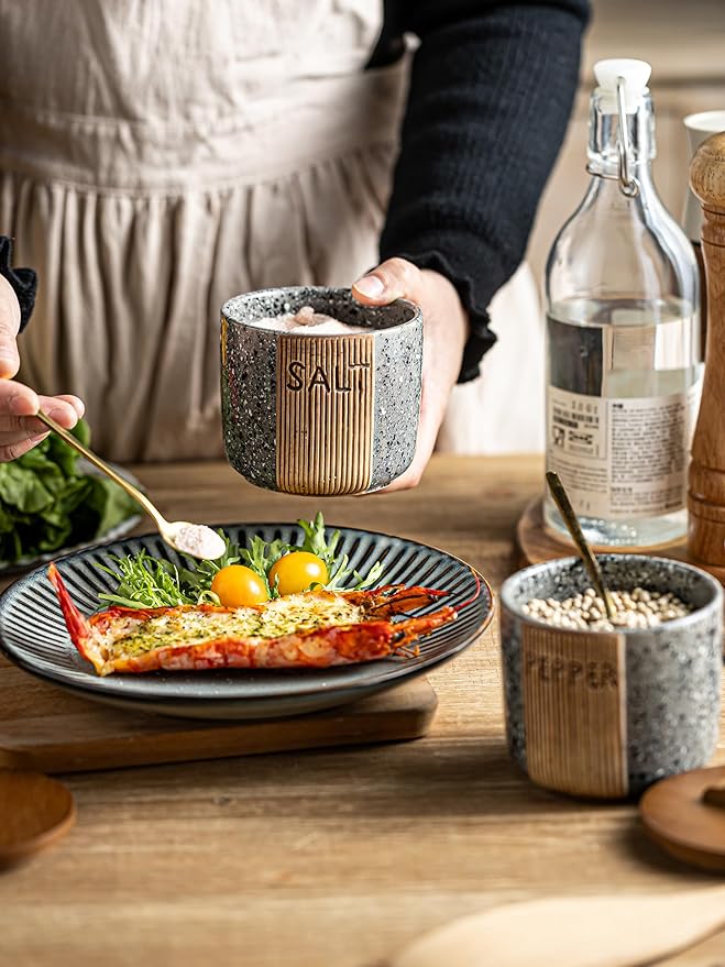 Salt and Pepper Bowl Ceramic, 10 Oz Salt Containers for Countertop Salt Cellar with Wooden Lid and Spoons, Salt and Pepper Set Marble Design, Gray