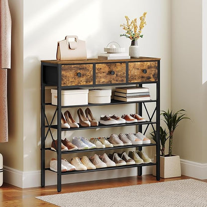 YATINEY 5-Tier Shoe Rack with 3 Drawers, Metal Shoe Organizer for 20 Pairs with Storage Shelves and Wooden Top, for Entryway, Hallway, Foyer, Closet, Rustic Brown and Black SS35BR