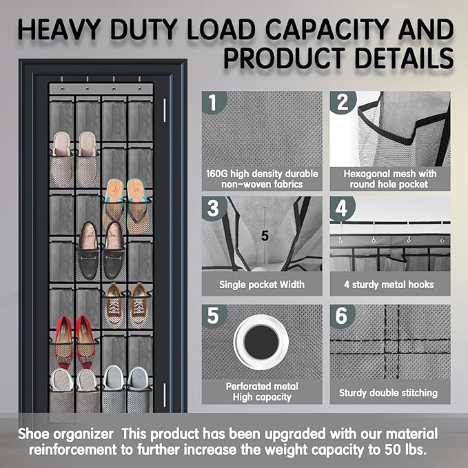 Kotkn 28 Compartment Over the Door Shoe Organizer, Breathable Mesh Large Shoe Rack for Closet Storage, Space Saving Hanging Shoe Holder with Reinforced Hooks (Fits Men & Women,Gray-01)