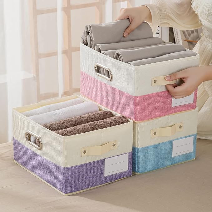 PRANDOM Fodable Storage Bins for Closet [3-pack] Decorative Fabric Storage Baskets Cubes with Leather/Metal Handles for Shelves Bedroom Living Room Blue&Cream (11.5x8.5x6.7 Inch)