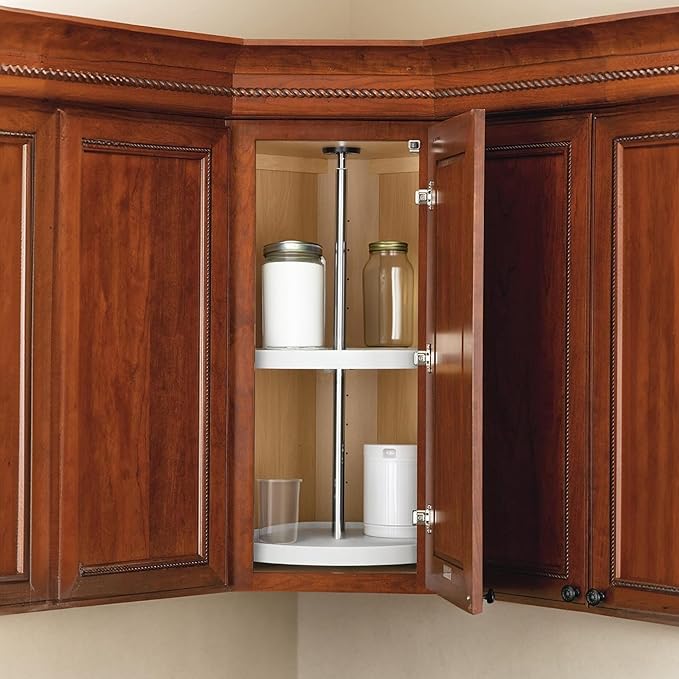 Rev-A-Shelf 20" Dual Full Circle Lazy Susan Organizer for Upper Corner Kitchen Cabinets, Plastic Home Storage 2 Tier Shelves, White, 6012-20-11-52