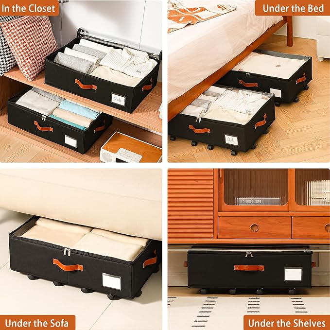 Freebat Under Bed Storage Organizer with Wheels, Underbed Container with Clear Lid Cover, Storage Bag Box with Visiable Window for Clothes, Bedsheet, Pillow, 2 Pack，7.5 inches