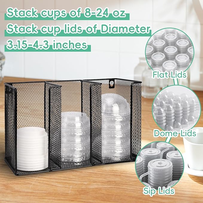 Wall Mount Coffee Cup Lid Holder Organizer 3 Compartments Coffee Cup Lid Dispenser Black Metal Mesh Disposable Cup and Lid Storage for 8-24 Oz Capacity Cup Lid Kitchen Restaurant Coffee Bar Office