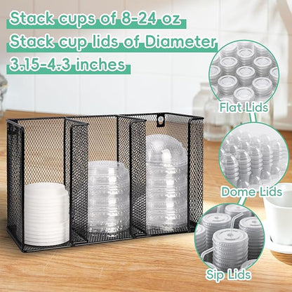 Wall Mount Coffee Cup Lid Holder Organizer 3 Compartments Coffee Cup Lid Dispenser Black Metal Mesh Disposable Cup and Lid Storage for 8-24 Oz Capacity Cup Lid Kitchen Restaurant Coffee Bar Office