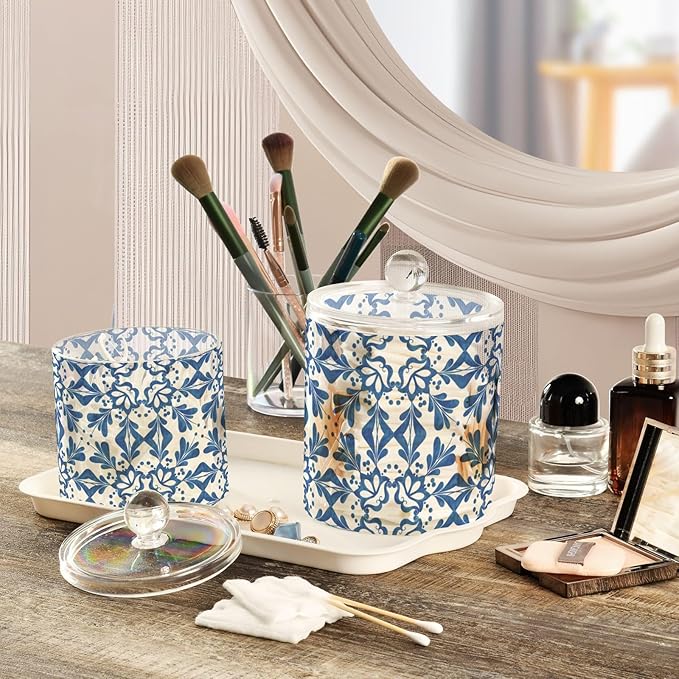 2 Pack Qtip Dispenser Apothecary Jars with Lids Cotton Round Holder Bathroom Canisters for Cotton Swab Floss Ball Pads Clear Plastic Decorative Blue Tiles