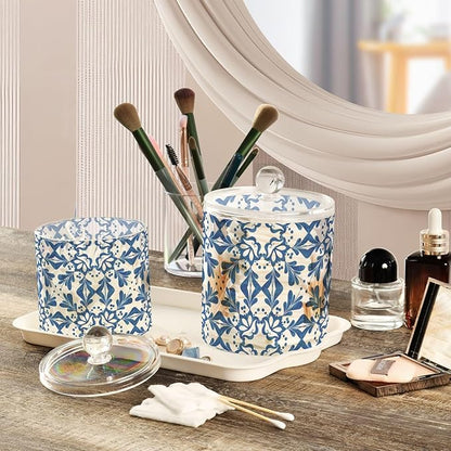 2 Pack Qtip Dispenser Apothecary Jars with Lids Cotton Round Holder Bathroom Canisters for Cotton Swab Floss Ball Pads Clear Plastic Decorative Blue Tiles