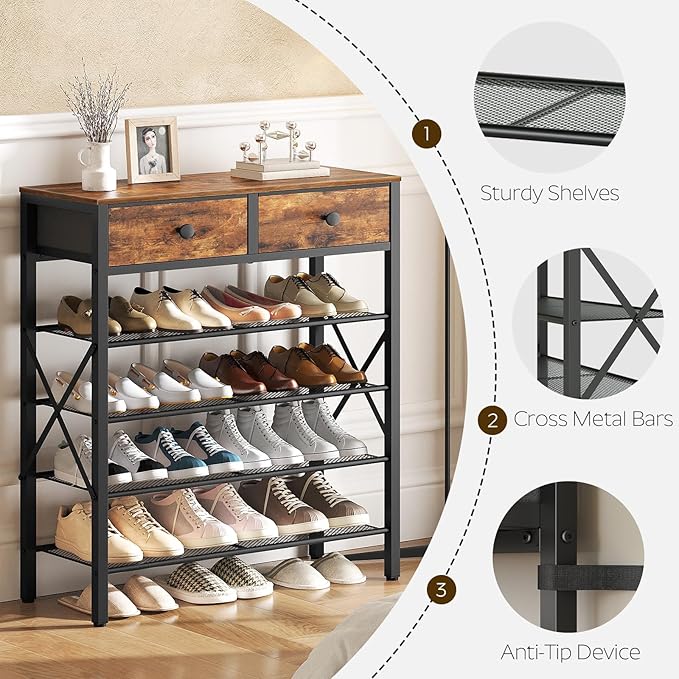 YATINEY 5 Tier Shoe Rack, Large Capacity Shoe Storage Organizer, Metal Shoe Shelf with Drawer and Wooden Top, for 20 Pairs of Shoes, for Entryway, Closet, Rustic Brown and Black SS25BRY1N1