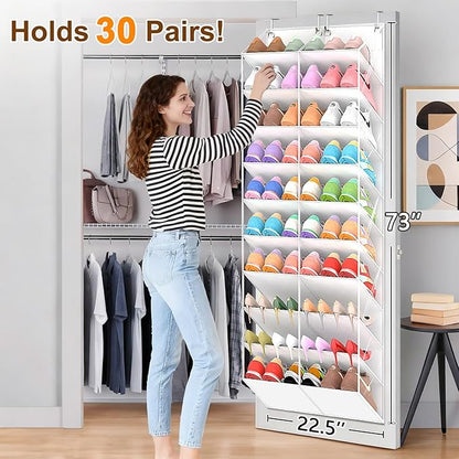 UVIAHOMI 20-30 Pairs Over the Door Shoe Organizer, Clear Pockets Hanging Shoe Storage for Closet, 10-Tier Door Shoes Rack, Handing Shoes Holder Fit All the Family's Sneakers, Boots, Heels, White
