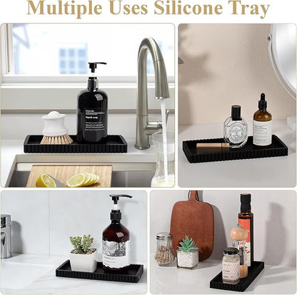 Silicone Bathroom Tray Small Vanity Organizer Rectangle Sink Caddy Sponge Holder Kitchen Counter Decor for Dish Soap, Perfume, Candle, Black