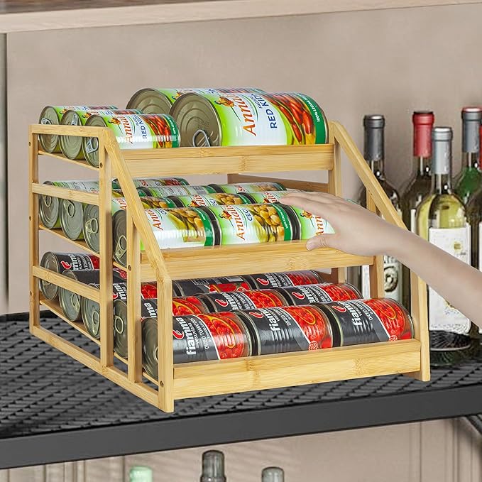 MinBoo Bamboo Can Rack Organizer, 3 Tier Stackable Can Storage Dispenser, for Food Storage,Canned Goods Organizer for Kitchen Cabinets or Pantry,Storage for 36 Cans