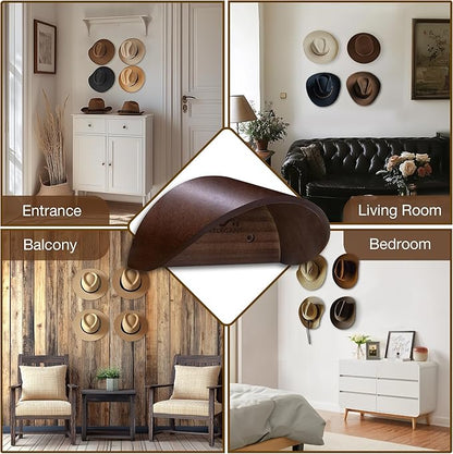 Cowboy Hat Holder Rack for Wall, 4 Pack Hat Hooks with Non-Damage Brim Design, Rustic Wood Hats Hanger on Wall to Keep Original Shape of Hats, for Home, Closet, Entryway, Cabin, Western Room Decor