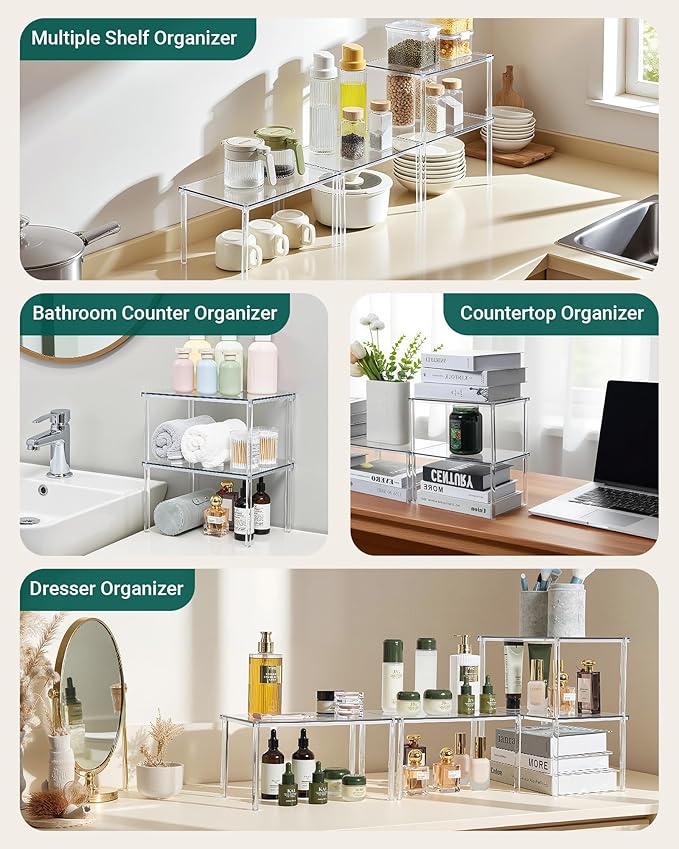Bobomoment Acrylic Cabinet Organizer, Set of 2 Shelf Organizer, Spice Rack Organizer for Cabinet, Desk Countertop Organizer, Stackable Shelves for Pantry Kitchen Storage and Organization