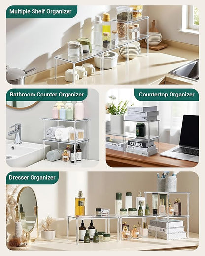 Bobomoment Acrylic Cabinet Organizer, Set of 2 Shelf Organizer, Spice Rack Organizer for Cabinet, Desk Countertop Organizer, Stackable Shelves for Pantry Kitchen Storage and Organization