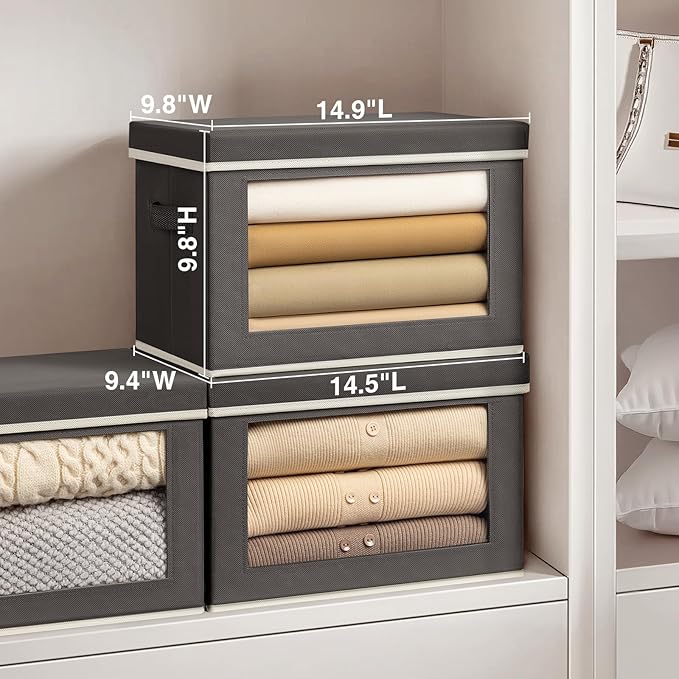 Homsorout Stackable Storage Bins with Lids - Medium Storage Box with Lids, Foldable Closet Boxes for Organizing, Wardrobe Clothes Organizer with Window, Cubes Bins for Living Room, 5 Pack, Dark Grey