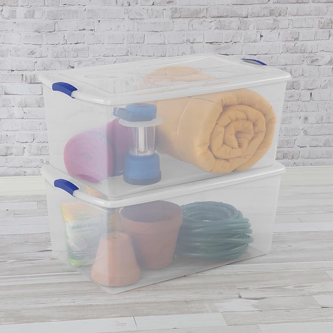 105 Quart Clear Plastic Latching Storage Bin, Large Stackable Container with Blue Latches & Clear Lid