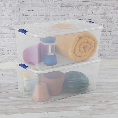 105 Quart Clear Plastic Latching Storage Bin, Large Stackable Container with Blue Latches & Clear Lid