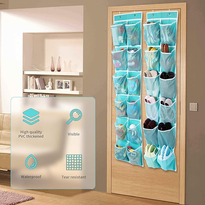 GOMAJI 2PK Over the Door 12 Large Pockets Hanging Shoe Organizer, Turquoise