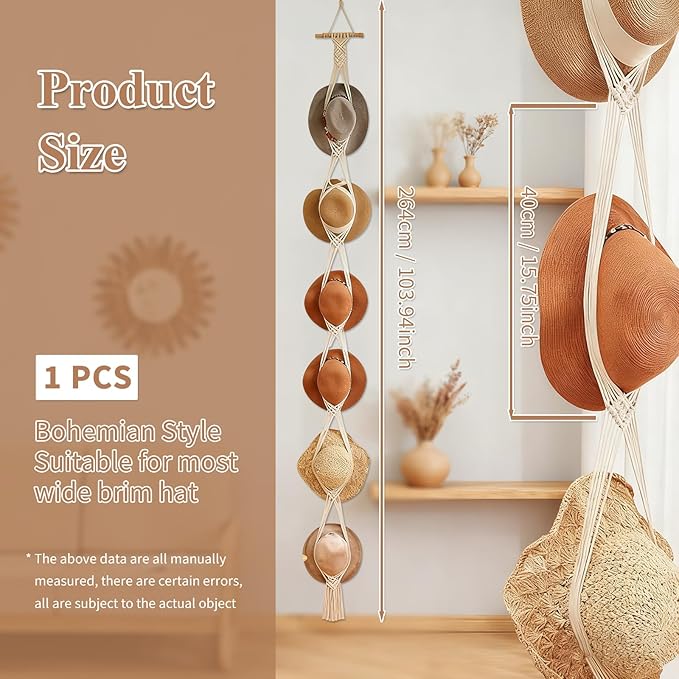 Gute Macrame Hat Hanger White - Boho Wall Mounted Hat Rack Organizer for Women, Fits Wide Brim/Fedoras/Sun/Cowboy Hat, 6-Hat Capacity