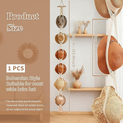 Gute Macrame Hat Hanger White - Boho Wall Mounted Hat Rack Organizer for Women, Fits Wide Brim/Fedoras/Sun/Cowboy Hat, 6-Hat Capacity