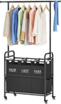 Tajsoon Laundry Sorter Cart with Hanging Rack, Laundry Sorter 3 Section, Laundry Hamper with Heavy Duty Rolling Lockable Wheels, Black
