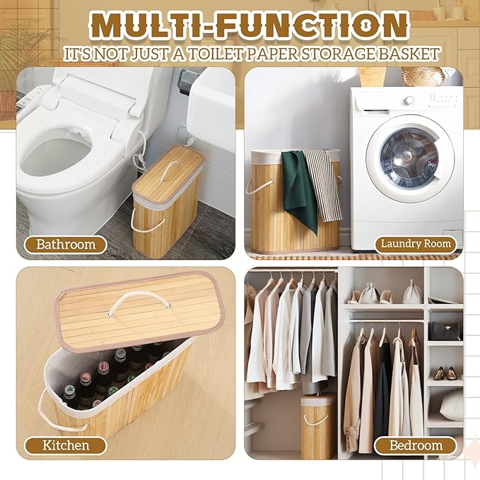Leinuosen Bamboo Toilet Paper Storage Basket 8 Gallons/30 L Toilet Paper Organizer Holder with Lid Waterproof for Kitchen Bathroom Home(Beige,Regular)