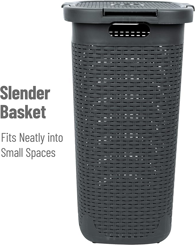 Mind Reader Slim Laundry Hamper with Lid, 60L Tall Clothes Basket, Narrow Tapered Design for Bathrooms, Closets and Laundry Rooms, Plastic, Gray