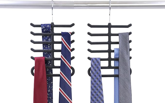 2-Pack Non-Slip Velvet Tie Hanger Organizer Rack | Large Ringed Bottom | Charcoal Grey Brand