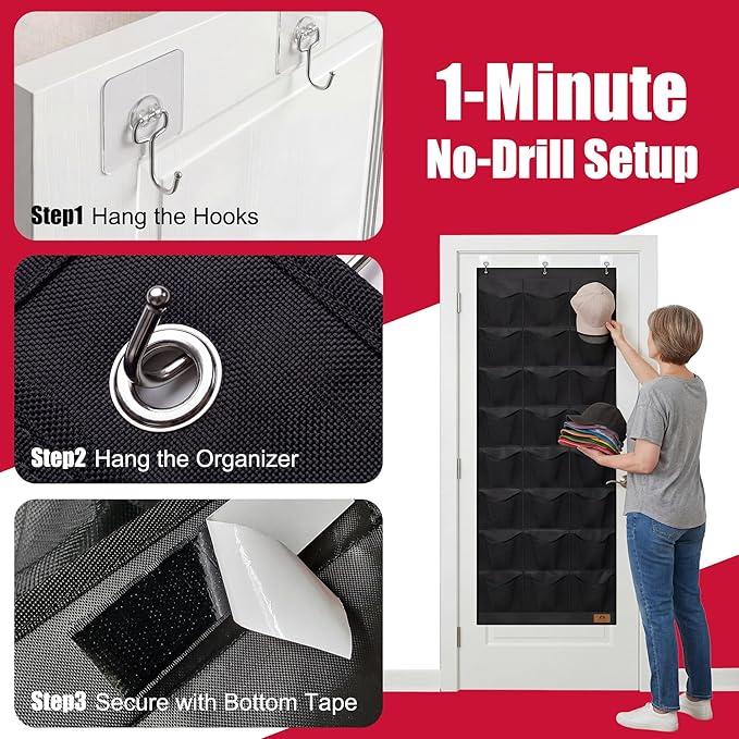 Hat Organizer for Baseball Caps, 24 Deep Pockets Hat Rack, Breathable & Visible, Black Hat Holder with 3 Hooks for Door, Bedroom, Closet Organizer
