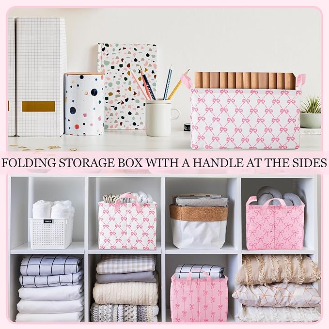 Geelin 3 Pcs Pink Bow Storage Baskets, Foldable Cute Pink Storage Bins with Handles, Coquette Preppy Girly Organizer Boxes for Closet Shelf Nursery Bedroom Decorative Room Decor